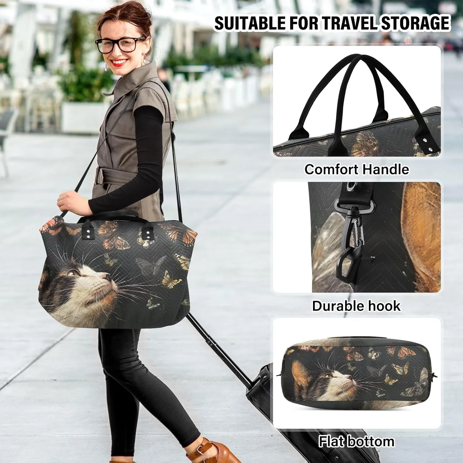 Cat and Butterflies on Dark Duffel Carry on Bag Women Duffle Bag for Travel Large Gym Bags for Women Weekender Duffle Bag Women