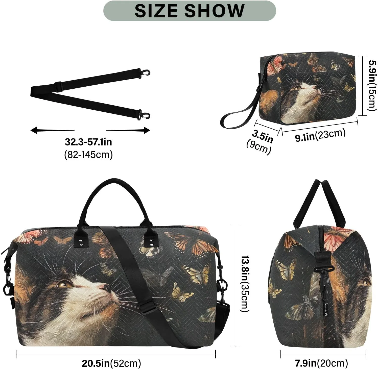Cat and Butterflies on Dark Duffel Carry on Bag Women Duffle Bag for Travel Large Gym Bags for Women Weekender Duffle Bag Women