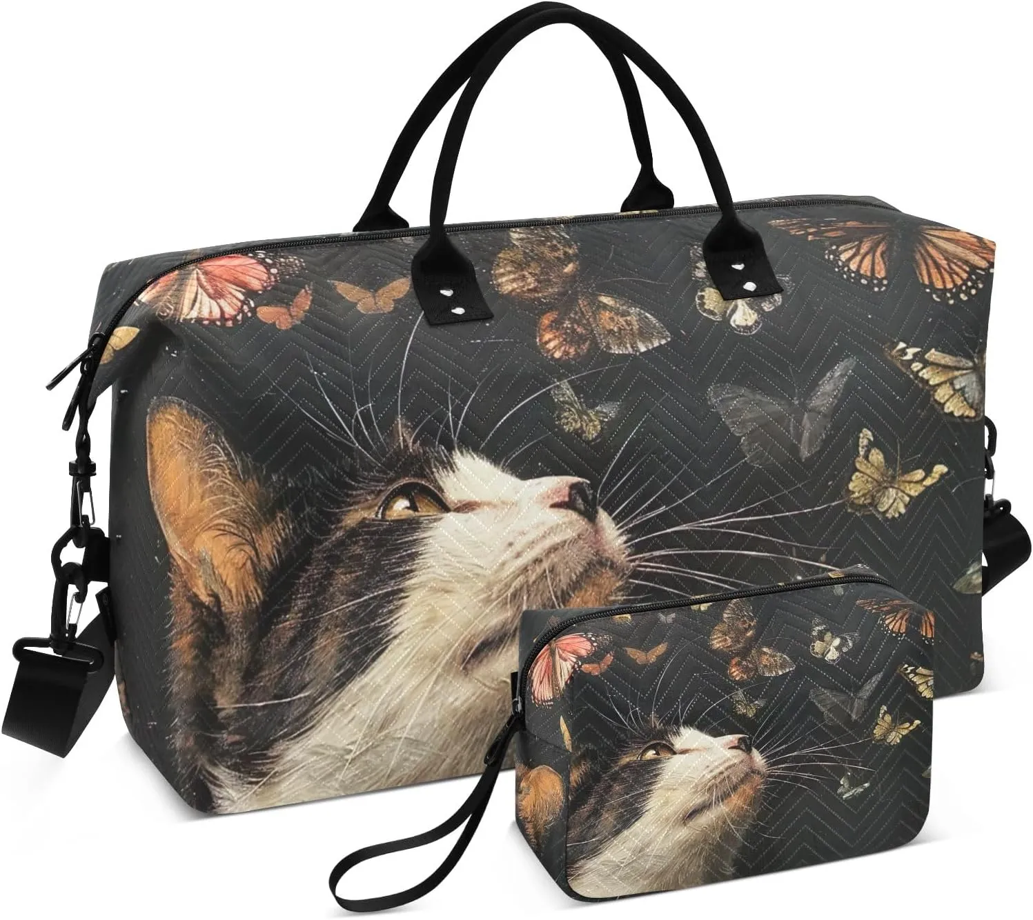 Cat and Butterflies on Dark Duffel Carry on Bag Women Duffle Bag for Travel Large Gym Bags for Women Weekender Duffle Bag Women