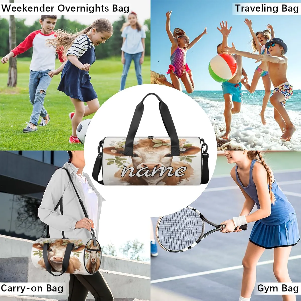 Cattle Print Personalized Dance Bags, Cattle Print Custom Sport Duffel Bag Travel Duffle Bag Overnight Weekender Bag