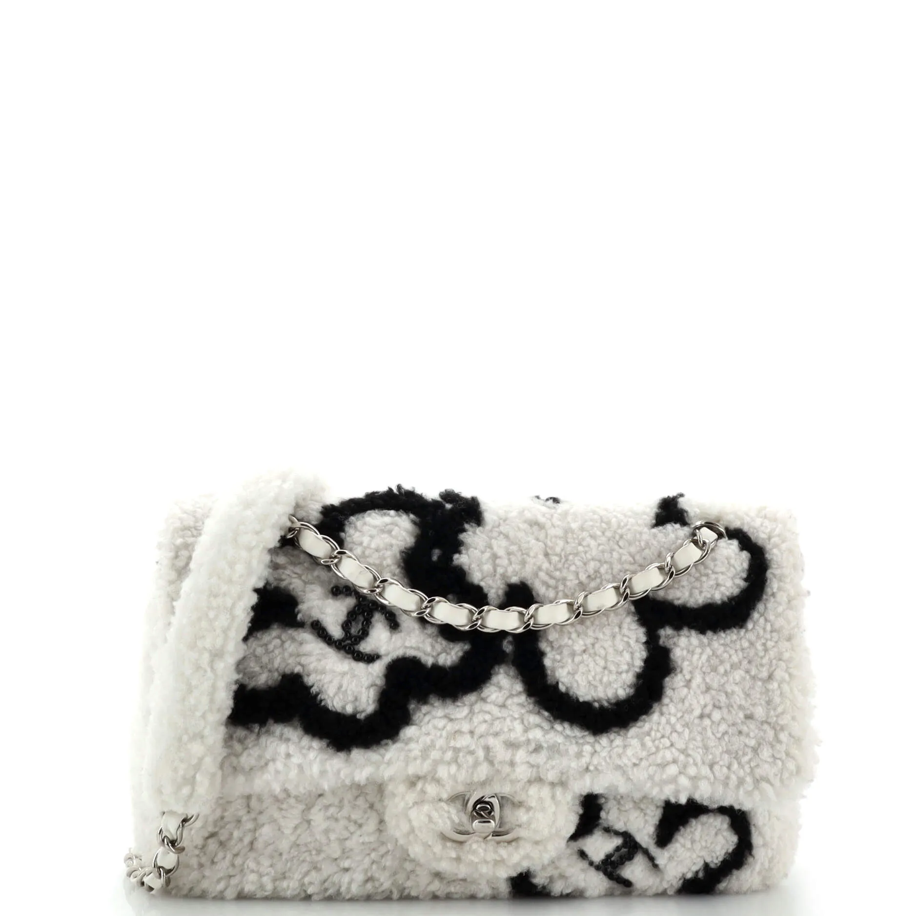 CHANEL Classic Single Flap Bag Pearl Embellished Shearling Jumbo