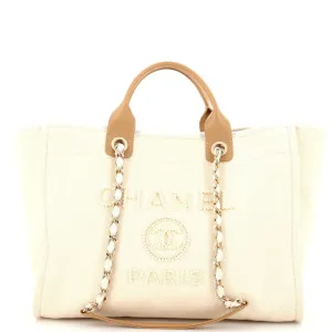 CHANEL Deauville Tote Pearl Embellished Canvas Medium