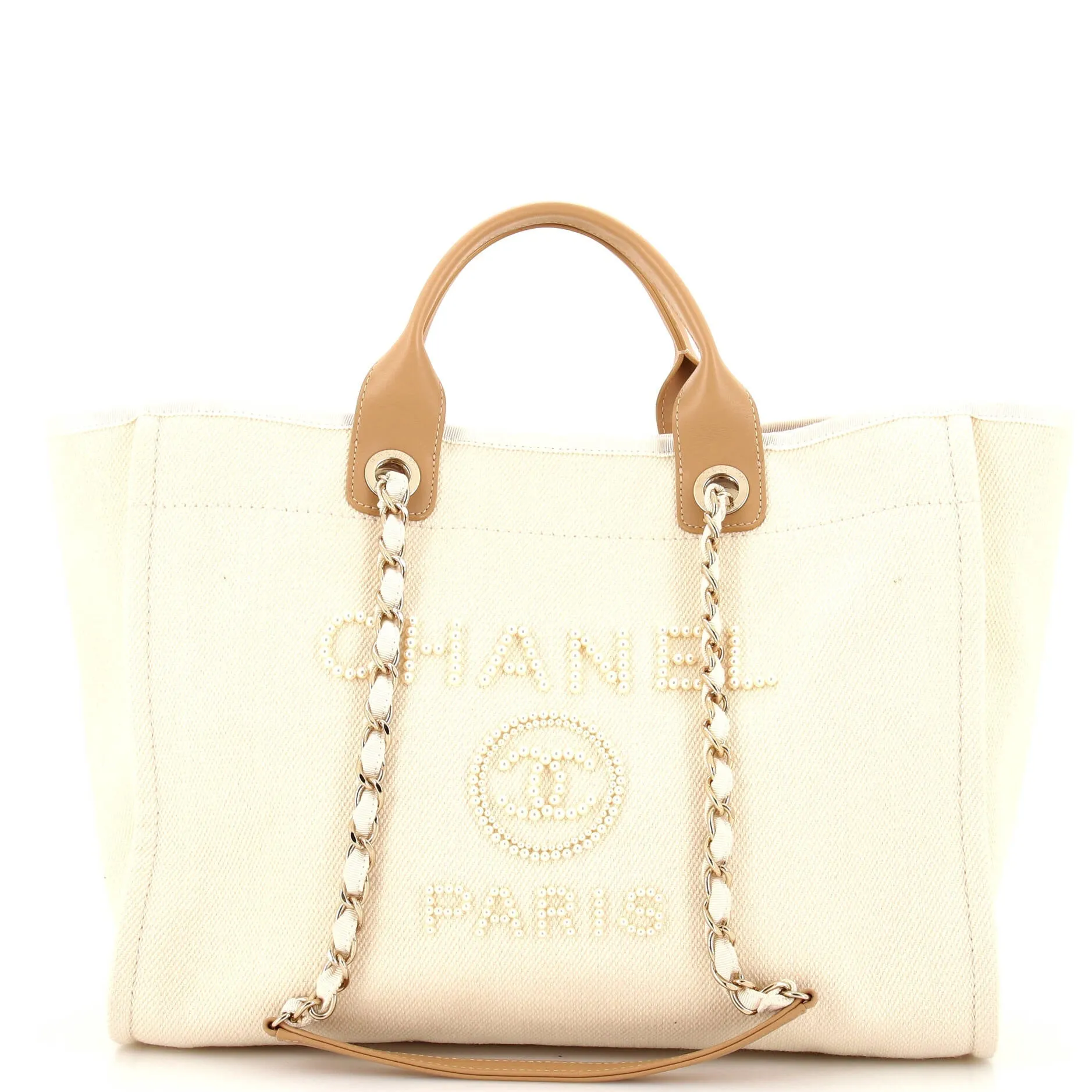 CHANEL Deauville Tote Pearl Embellished Canvas Medium