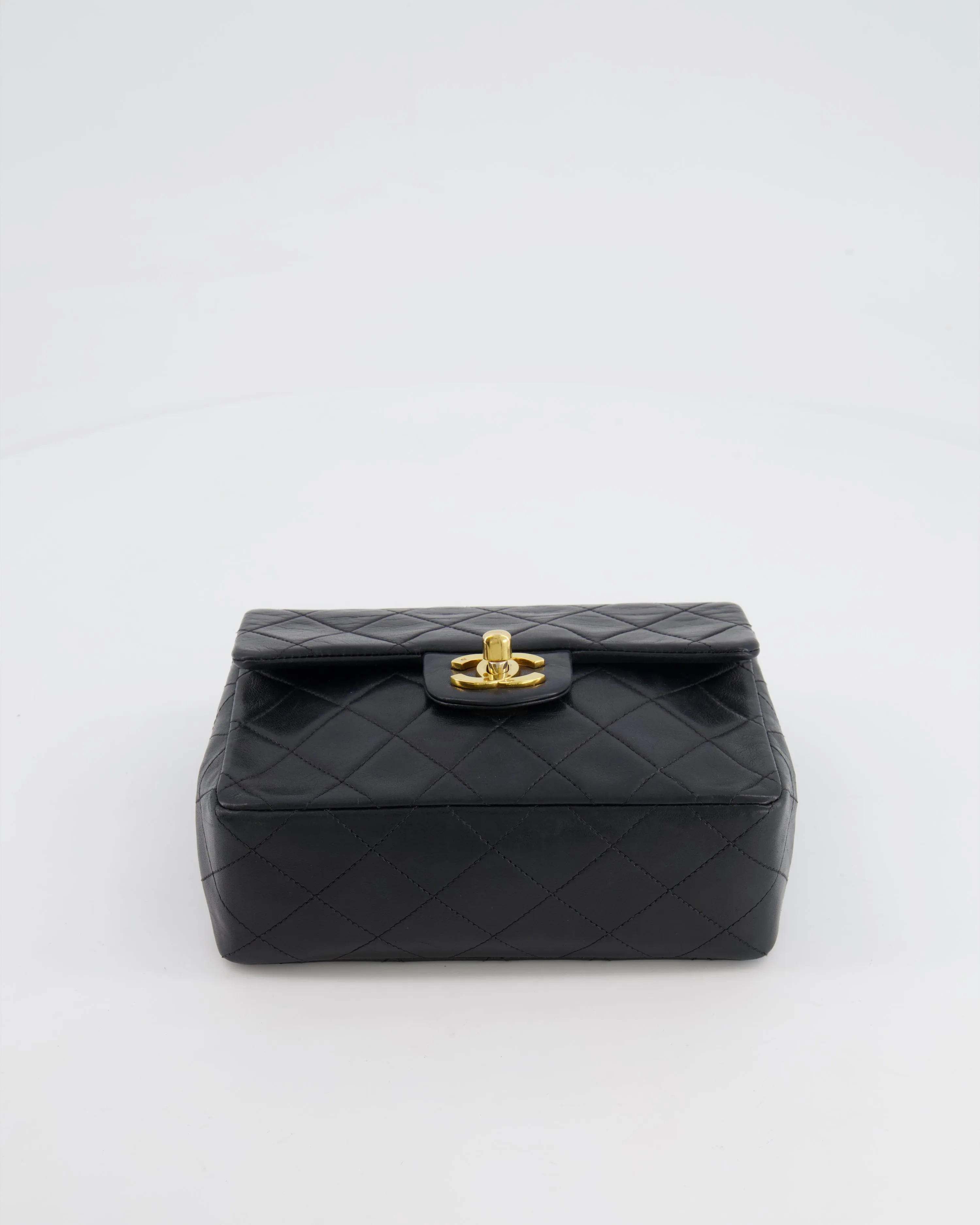 Chanel Vintage Black Mini Square Single Flap Bag in Lambskin Leather with 24K Gold Hardware