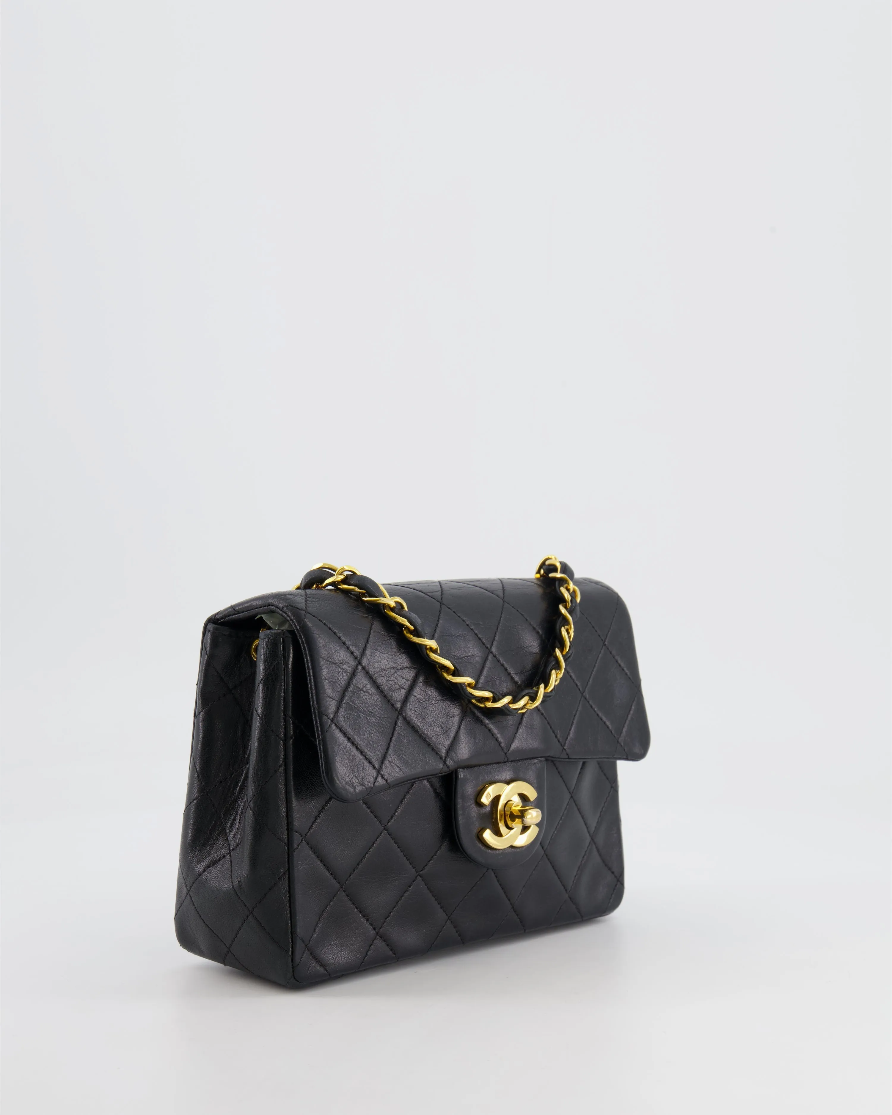Chanel Vintage Black Mini Square Single Flap Bag in Lambskin Leather with 24K Gold Hardware