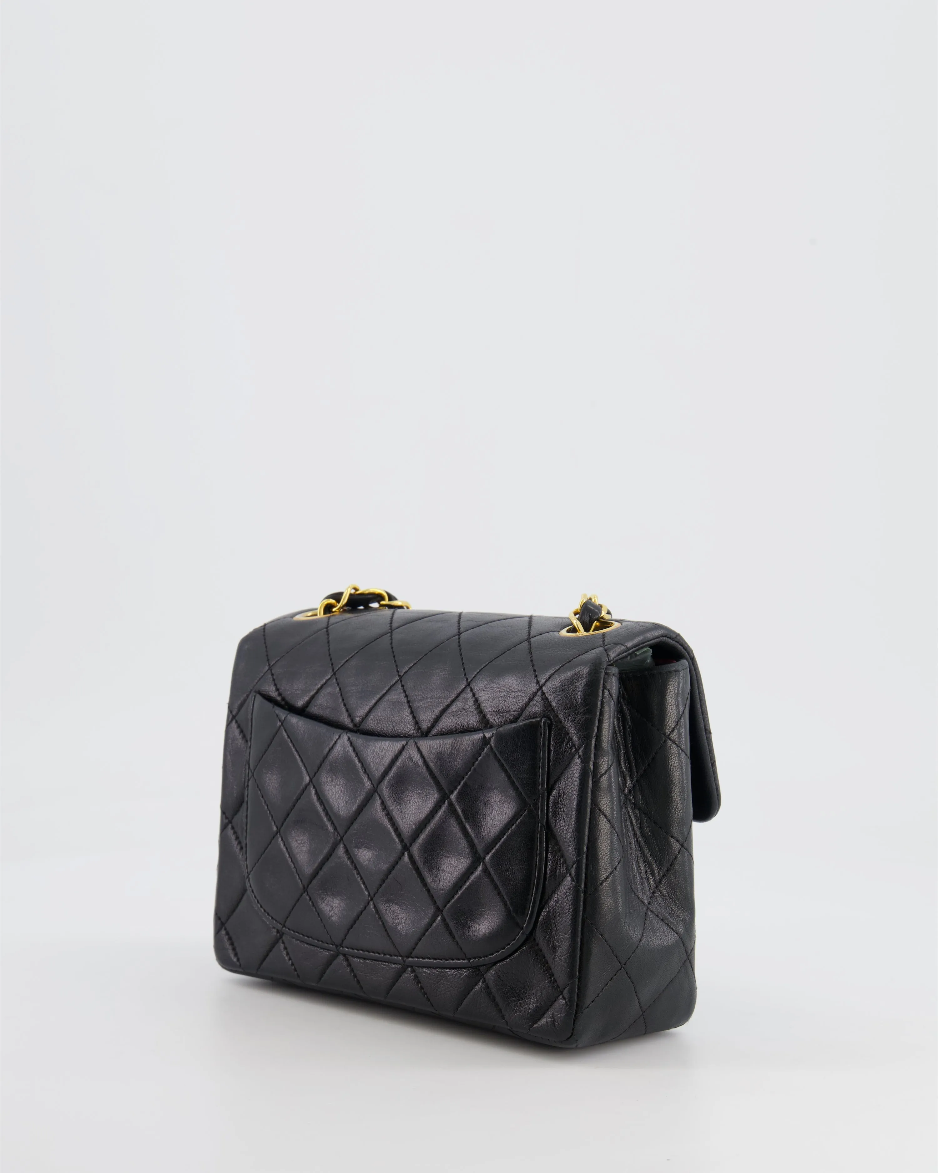 Chanel Vintage Black Mini Square Single Flap Bag in Lambskin Leather with 24K Gold Hardware