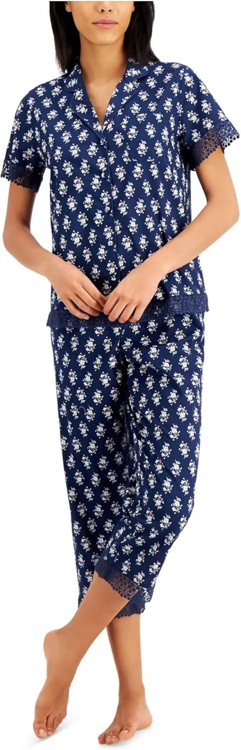Charter Club Notched Collar Top & Capris Pajama Set (Small, Mini Floral)
