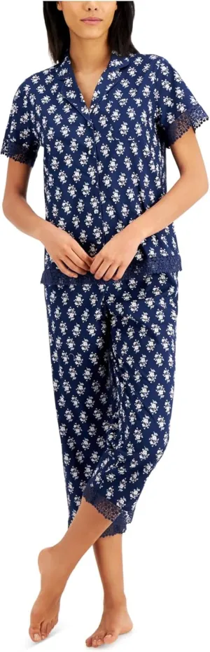 Charter Club Notched Collar Top & Capris Pajama Set (Small, Mini Floral)