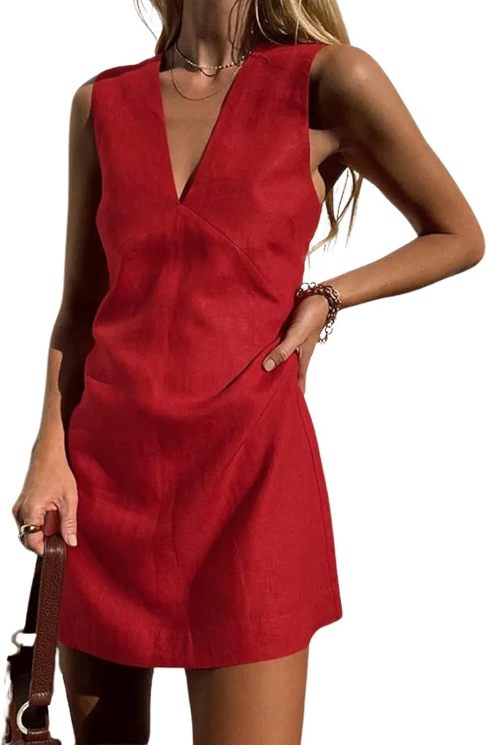 CHARTOU Women's Summer Sleeveless Mini Dress Cotton Linen V Neck Cinched A Line Slim Tank Short Dress