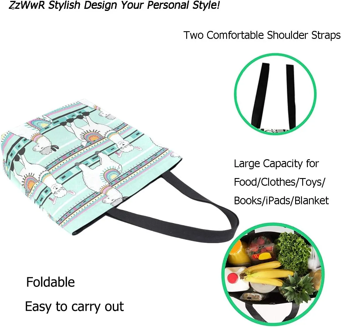 Chic Cute Cartoon Llama Stripes Pattern Extra Large Canvas Tote Bag for Gym Beach Travel Reusable Grocery Shopping Portable Storage HandBags
