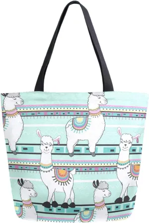 Chic Cute Cartoon Llama Stripes Pattern Extra Large Canvas Tote Bag for Gym Beach Travel Reusable Grocery Shopping Portable Storage HandBags