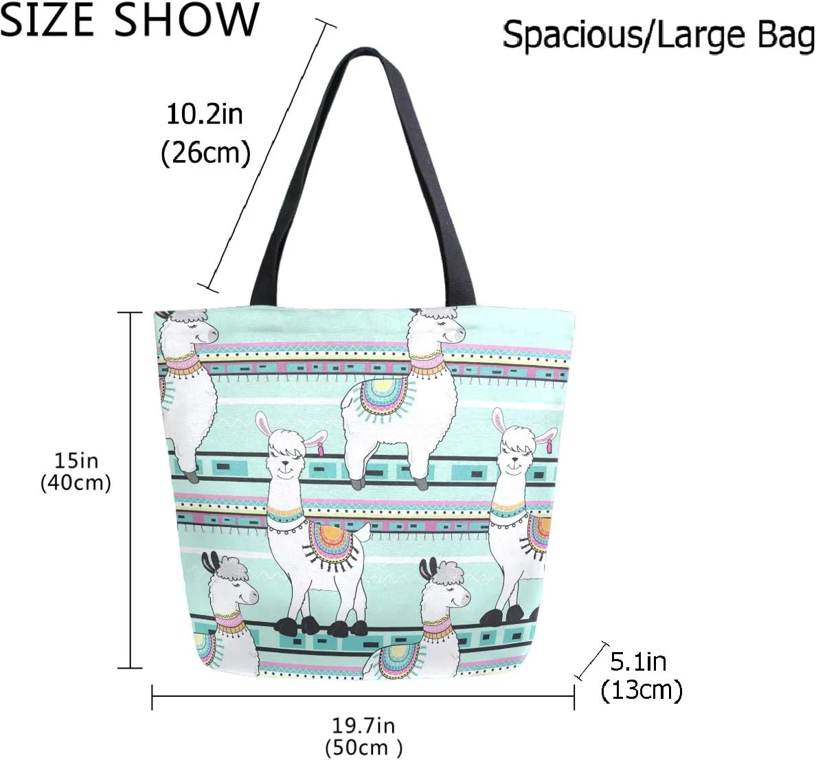 Chic Cute Cartoon Llama Stripes Pattern Extra Large Canvas Tote Bag for Gym Beach Travel Reusable Grocery Shopping Portable Storage HandBags
