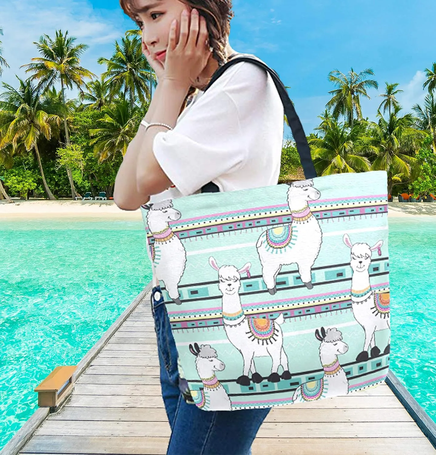 Chic Cute Cartoon Llama Stripes Pattern Extra Large Canvas Tote Bag for Gym Beach Travel Reusable Grocery Shopping Portable Storage HandBags