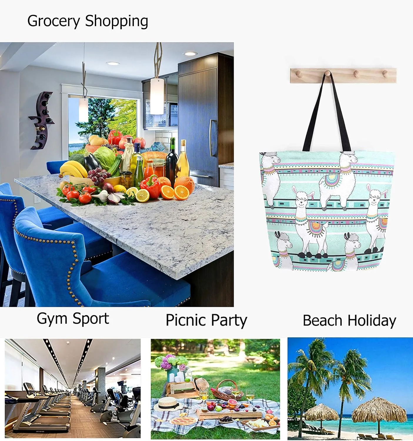 Chic Cute Cartoon Llama Stripes Pattern Extra Large Canvas Tote Bag for Gym Beach Travel Reusable Grocery Shopping Portable Storage HandBags