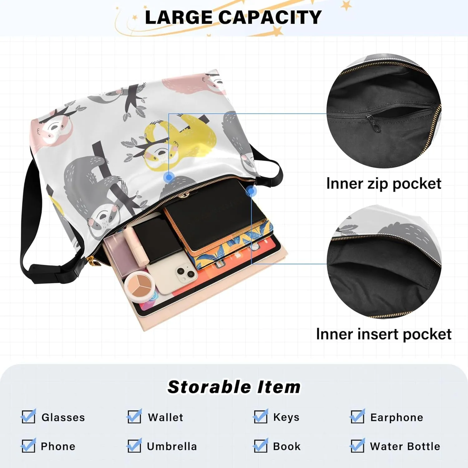 Childish Cute Sloth Creative Lady Leather Purses Hobo Large Crossbody Bags Animal Print Womens Everyday Purse