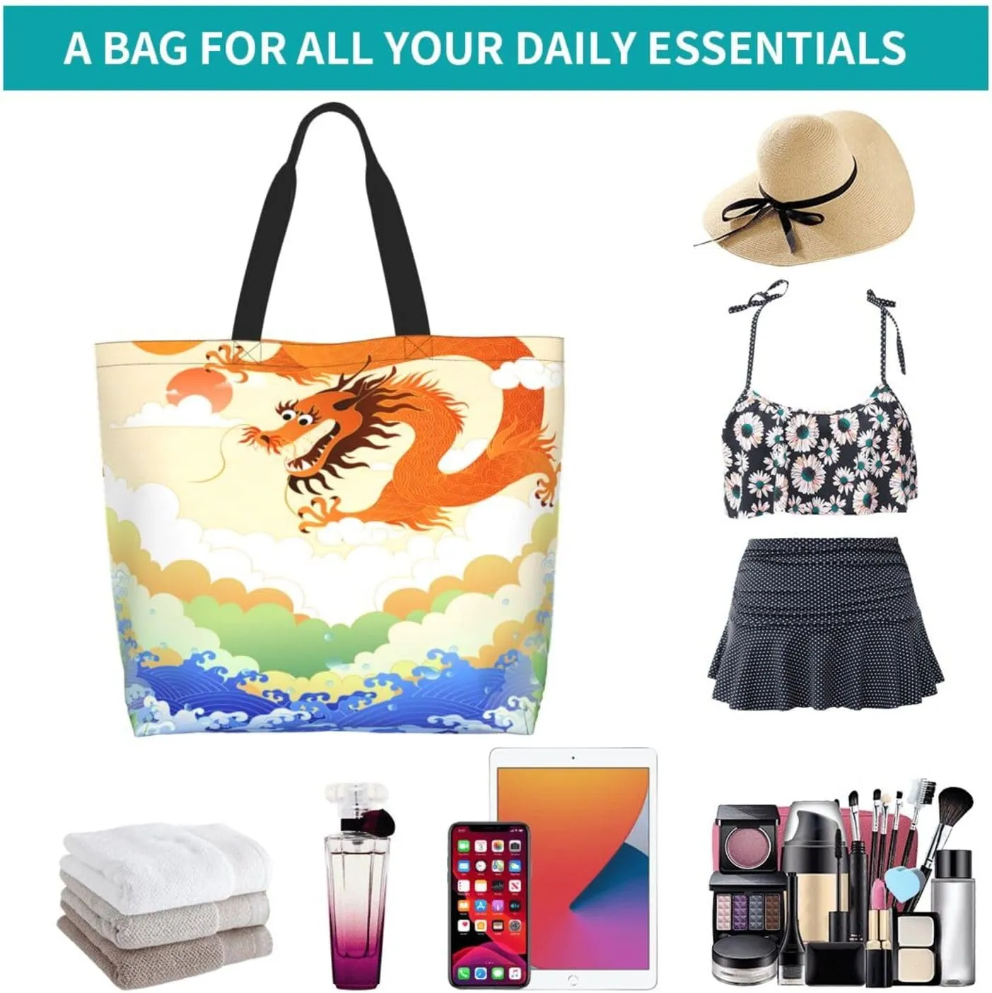 Chinese Dragon Cool Tote Bag Beach Bag Large Capacity Grocery Bag Reusable Shopping bags for Women