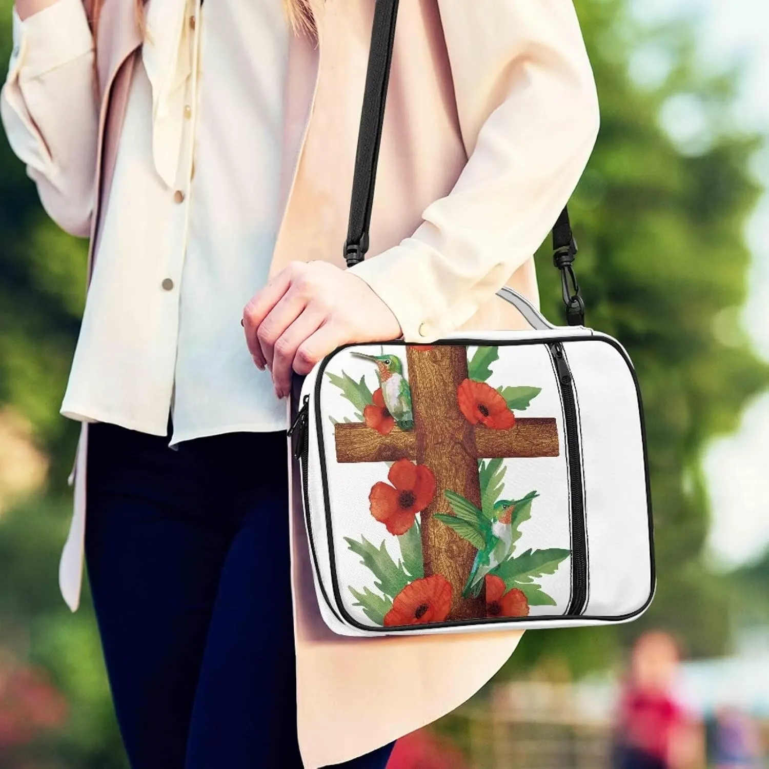 Christian Print Bible Cover,Polyester Bible Case for Women,Cross Floral Bible Bag Bible Case with Shoulder Strap