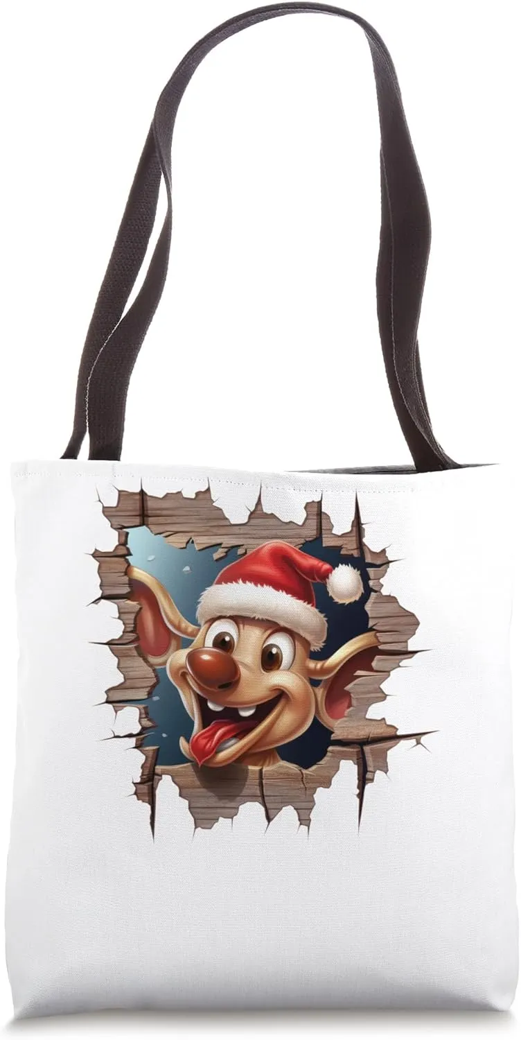 Christmas Break Through - Cute Reindeer Coming Out Of Hole Tote Bag