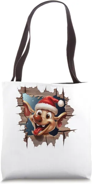 Christmas Break Through - Cute Reindeer Coming Out Of Hole Tote Bag