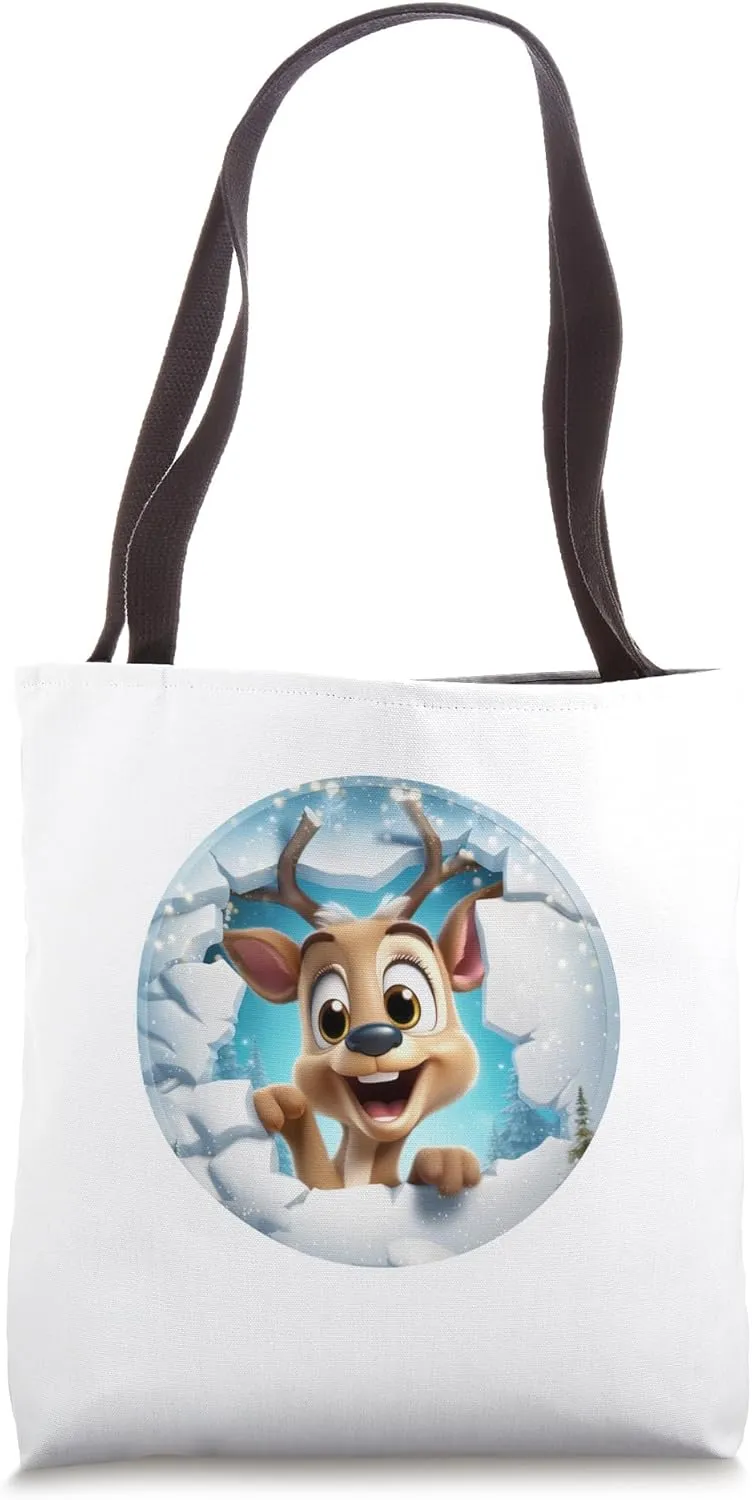 Christmas Break Through - Cute Reindeer Coming Out Of Hole Tote Bag