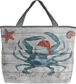 Christmas Crab Beach Tote Bag for Women, Xmas Snata Claus Coastal Starfish Wood Mesh Beach Bags Waterproof Sandproof, Outdoor Picnic Swim Pool Handbag - Large Beach Bag with Zipper and Pockets