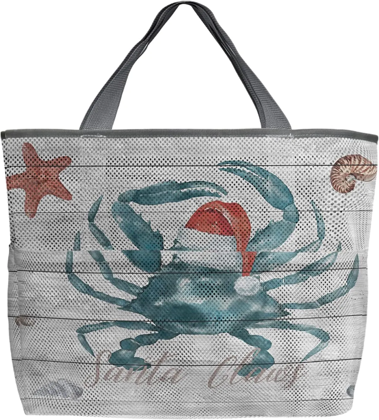 Christmas Crab Beach Tote Bag for Women, Xmas Snata Claus Coastal Starfish Wood Mesh Beach Bags Waterproof Sandproof, Outdoor Picnic Swim Pool Handbag - Large Beach Bag with Zipper and Pockets