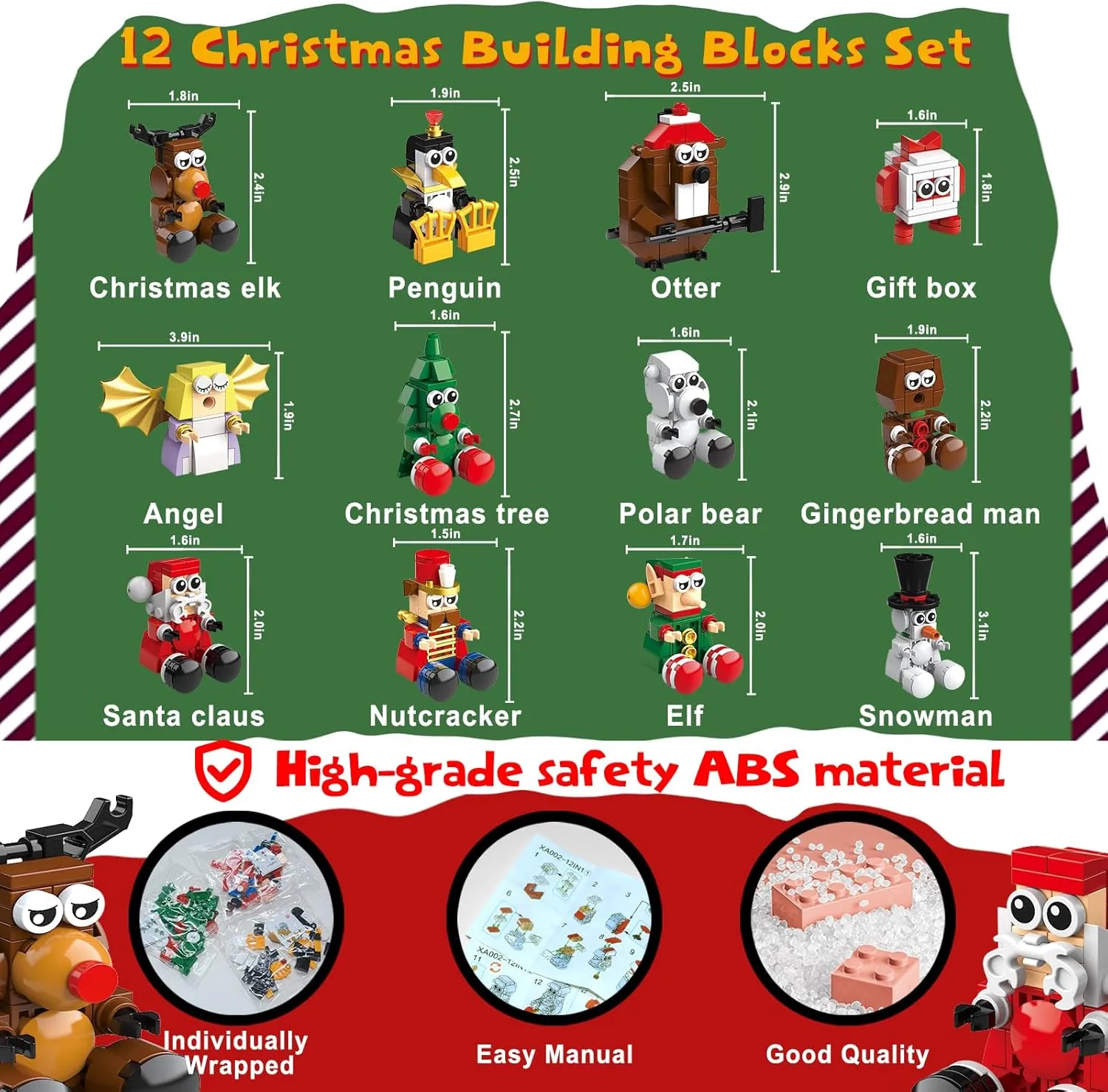 Christmas Party Favors 12 in 1 Building Blocks Set Gift, Christmas Toys Mini Cute Bricks 12 Pcs Advent Calendar Goodie Bags Fillers Classroom Prizes for Kids Boys or Girls 6-12