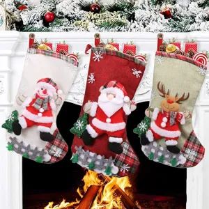 Christmas Stocking Xmas Socks Large Handing Stockings Character Santa Snowman Reindeer Snowflake Christmas Tree Fence Cute Candy Gift Toy Bags for Christmas Decorations Party Accessories Familly Favor