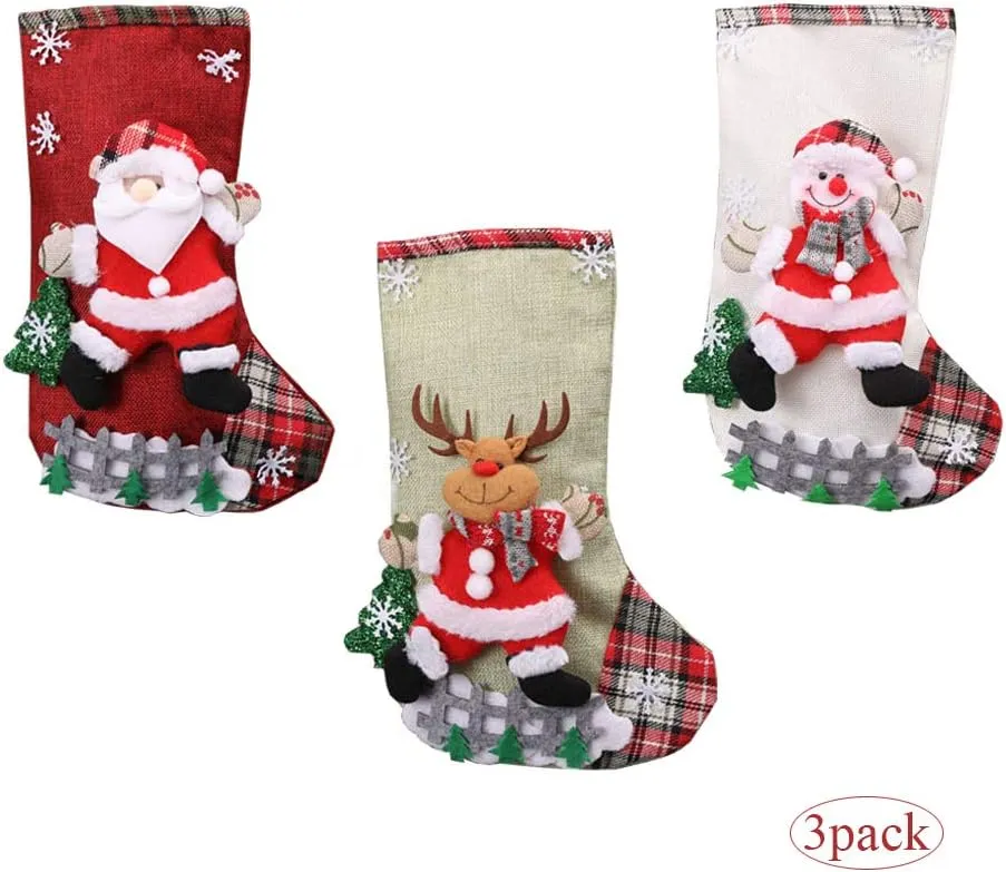 Christmas Stocking Xmas Socks Large Handing Stockings Character Santa Snowman Reindeer Snowflake Christmas Tree Fence Cute Candy Gift Toy Bags for Christmas Decorations Party Accessories Familly Favor