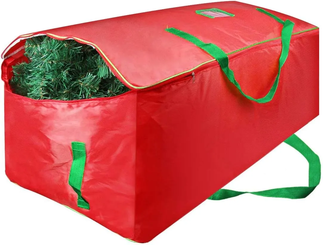 Christmas Tree Storage Bag - Fits Up to 7.5 ft Artificial Xmas Tree - Box With Double Zippers and Reinforced Handles - Extra Large Container for Decorations - Red