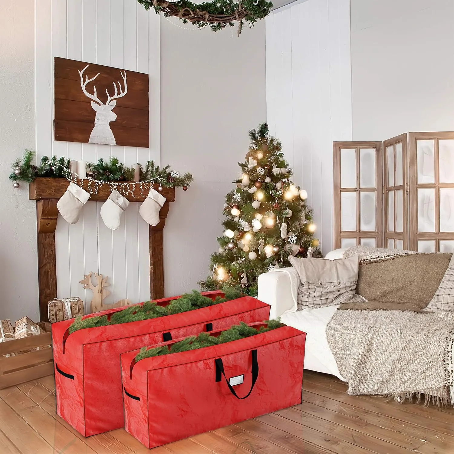 Christmas Tree Storage Bags - Set of 2 Woven Totes for up to 16-Foot Artificial Trees - Protects Holiday Decorations from Damage by Elf Stor (Red)