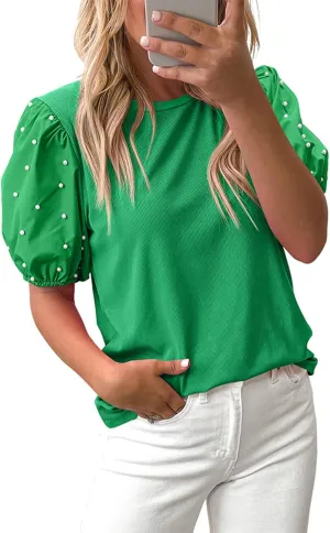 Chvity Puff Sleeve Tops for Women Summer Ribbed Knit Pearl Cute Tops Loose Fit Short Sleeve Crewneck Business Casual Outfits