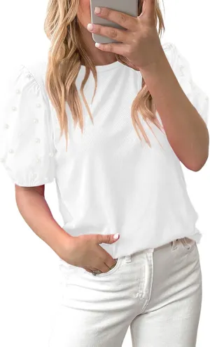 Chvity Puff Sleeve Tops for Women Summer Ribbed Knit Pearl Cute Tops Loose Fit Short Sleeve Crewneck Business Casual Outfits