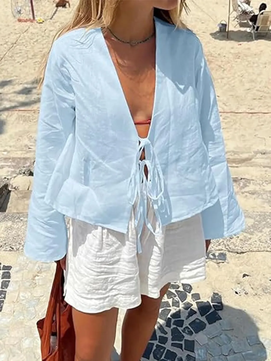 Chvity Tie Front Tops for Women Y2K Linen Shirts Flare Sleeve V Neck Going Out Coquette Clothes Casual Lace Up Bow Blouses