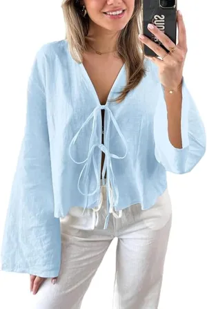 Chvity Tie Front Tops for Women Y2K Linen Shirts Flare Sleeve V Neck Going Out Coquette Clothes Casual Lace Up Bow Blouses