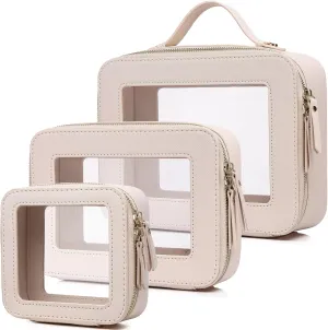 Clear Makeup Bag Waterproof Travel Case for Cosmetics and Toiletries Women's Purse Organizer and Clear Car Bag with Zipper (Beige, L M MINI)