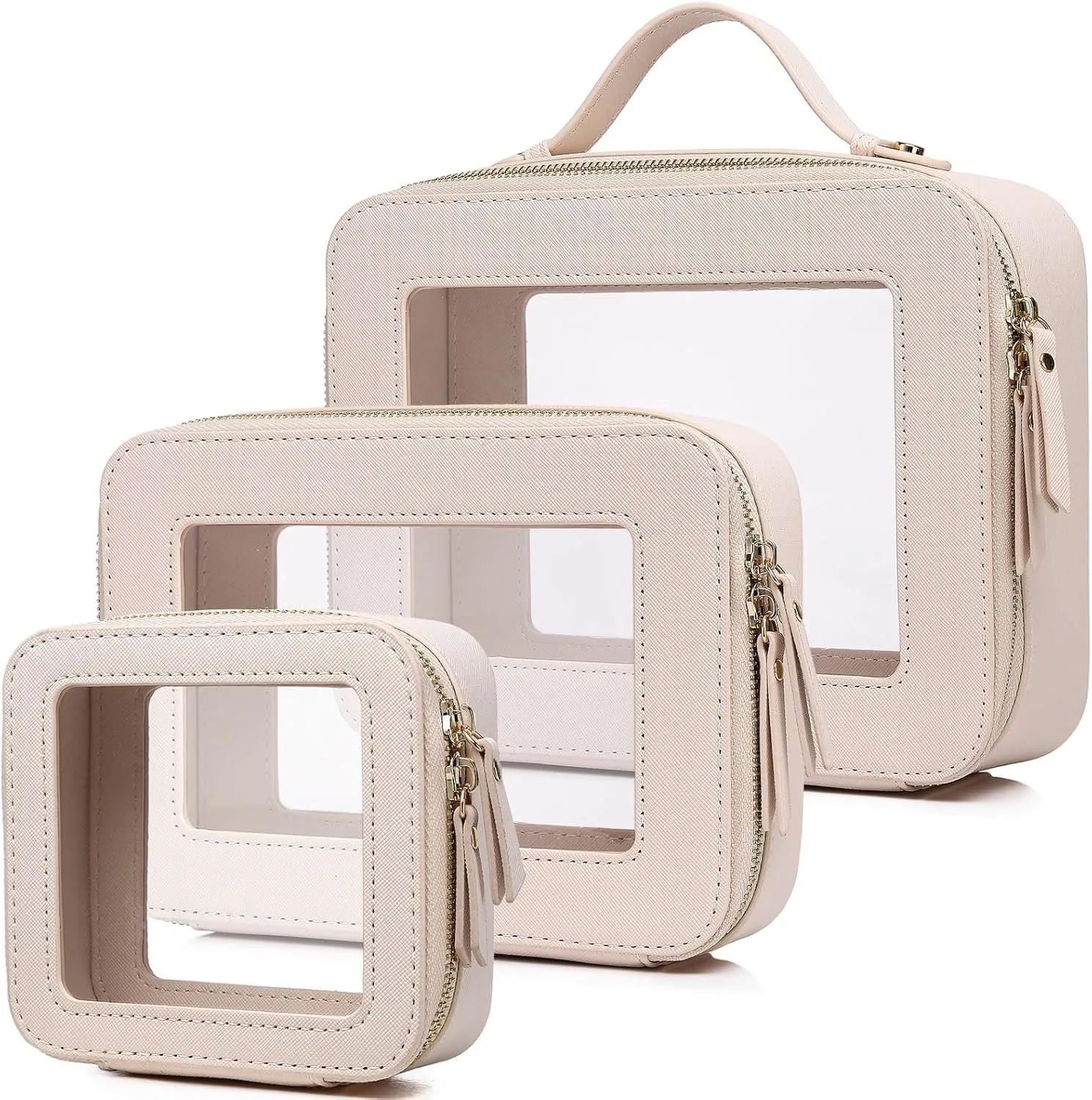 Clear Makeup Bag Waterproof Travel Case for Cosmetics and Toiletries Women's Purse Organizer and Clear Car Bag with Zipper (Beige, L M MINI)