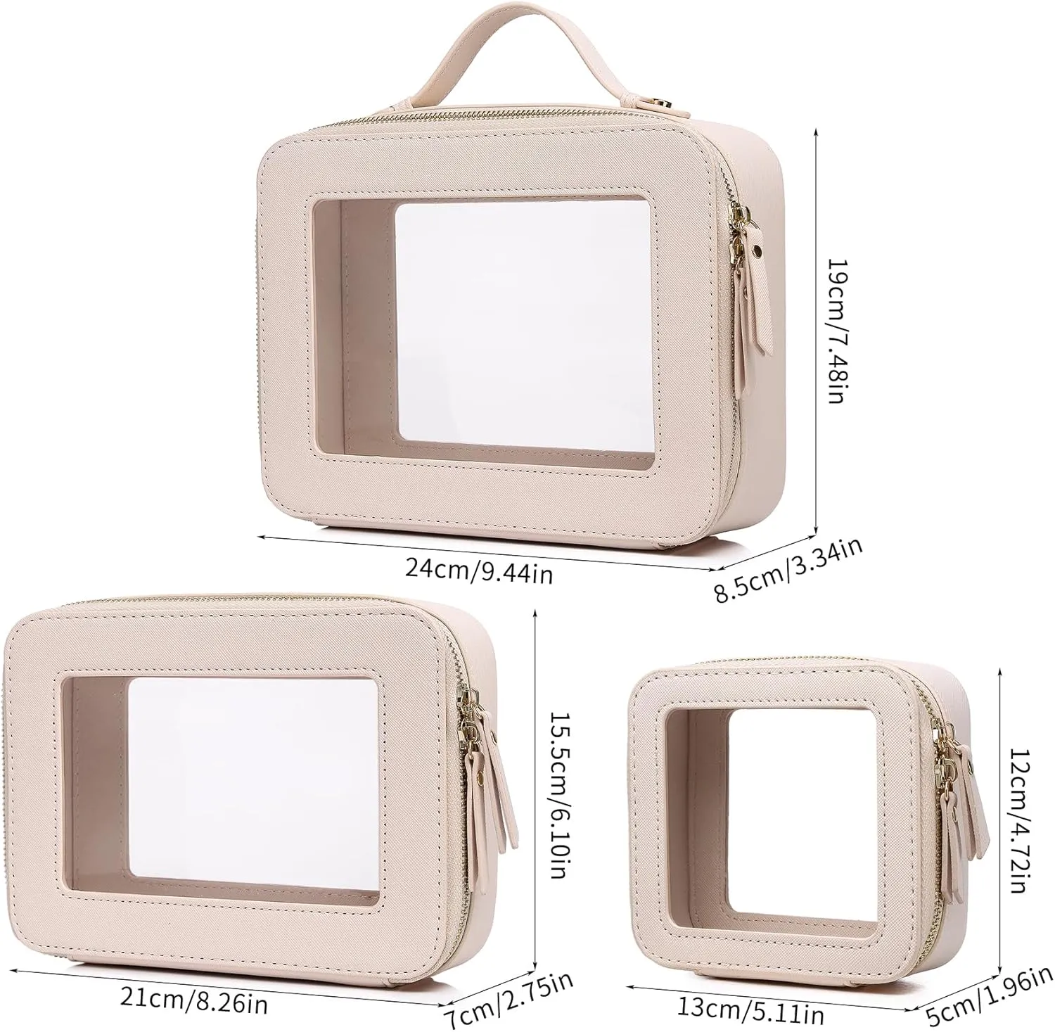 Clear Makeup Bag Waterproof Travel Case for Cosmetics and Toiletries Women's Purse Organizer and Clear Car Bag with Zipper (Beige, L M MINI)