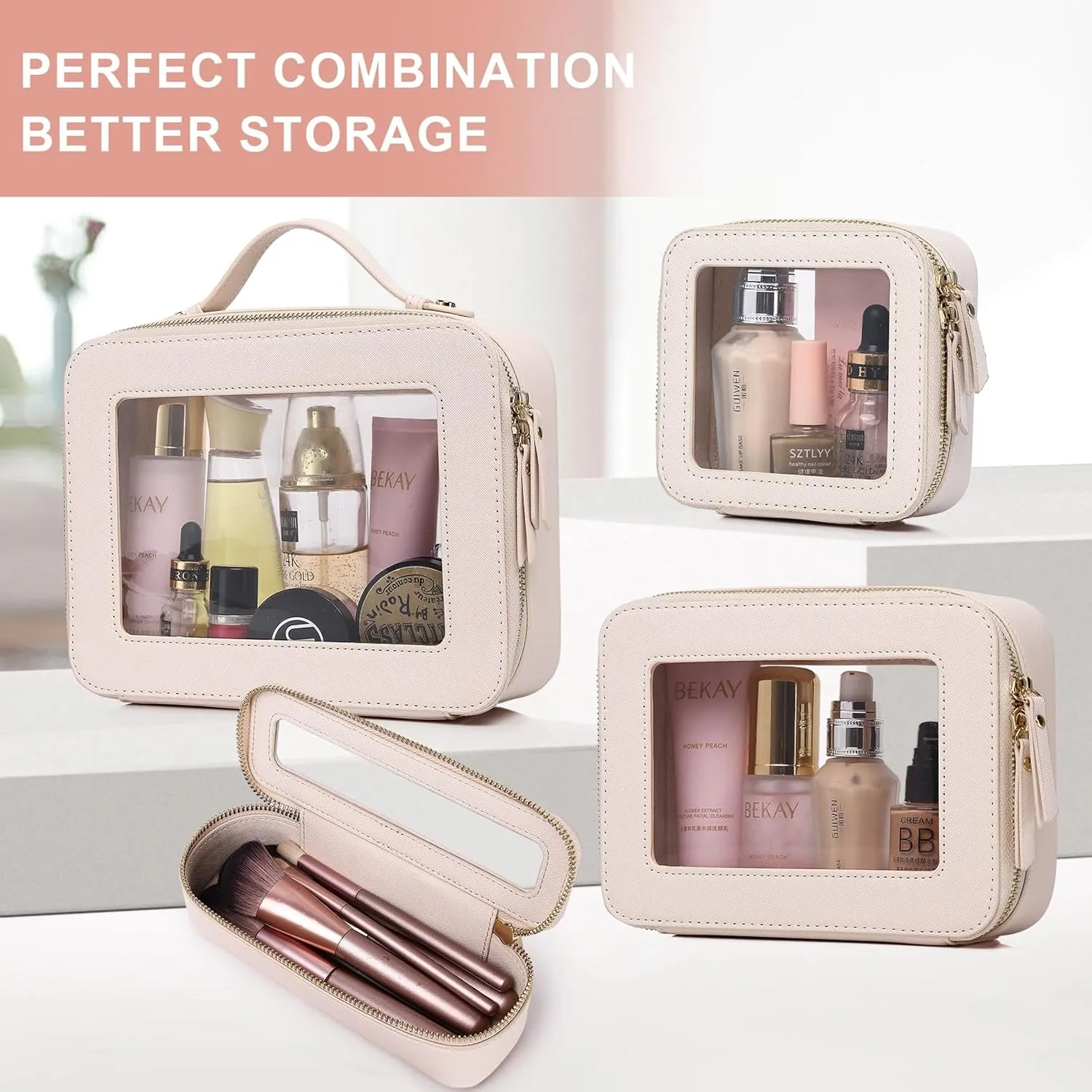 Clear Makeup Bag Waterproof Travel Case for Cosmetics and Toiletries Women's Purse Organizer and Clear Car Bag with Zipper (Beige, L M MINI)