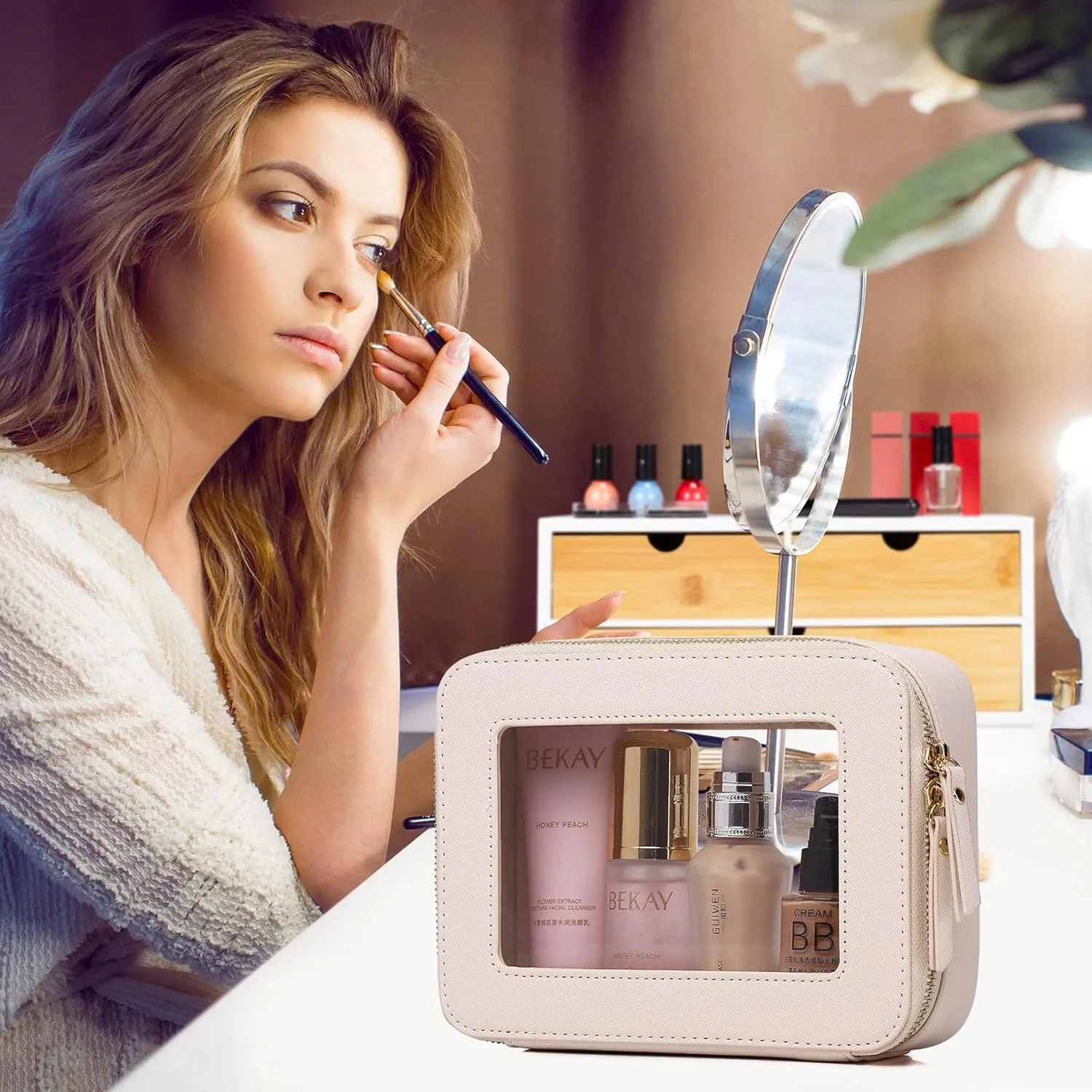 Clear Makeup Bag Waterproof Travel Case for Cosmetics and Toiletries Women's Purse Organizer and Clear Car Bag with Zipper (Beige, L M MINI)