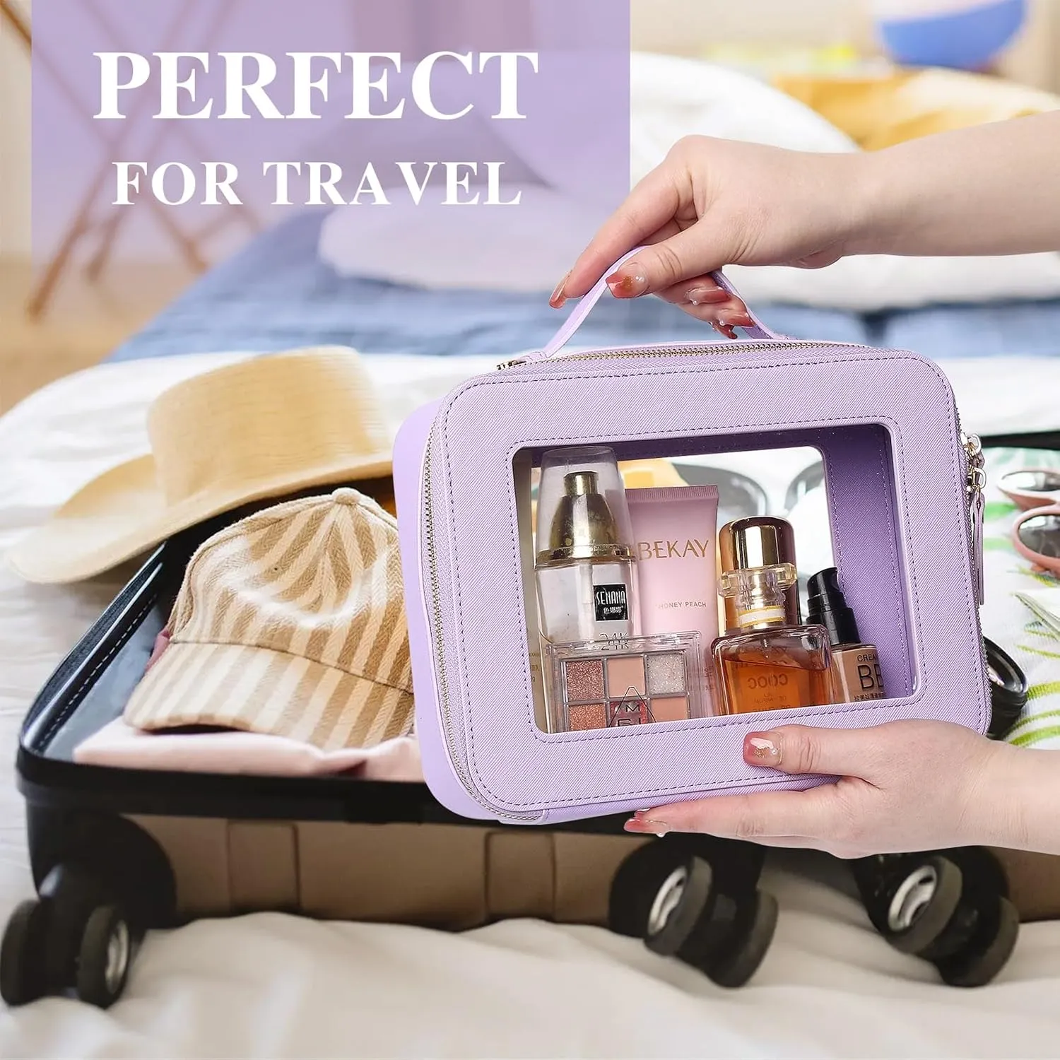 Clear Makeup Bag Waterproof Travel Case for Cosmetics and Toiletries Women's Purse Organizer and Clear Car Bag with Zipper (X/Purple, L M MINI)