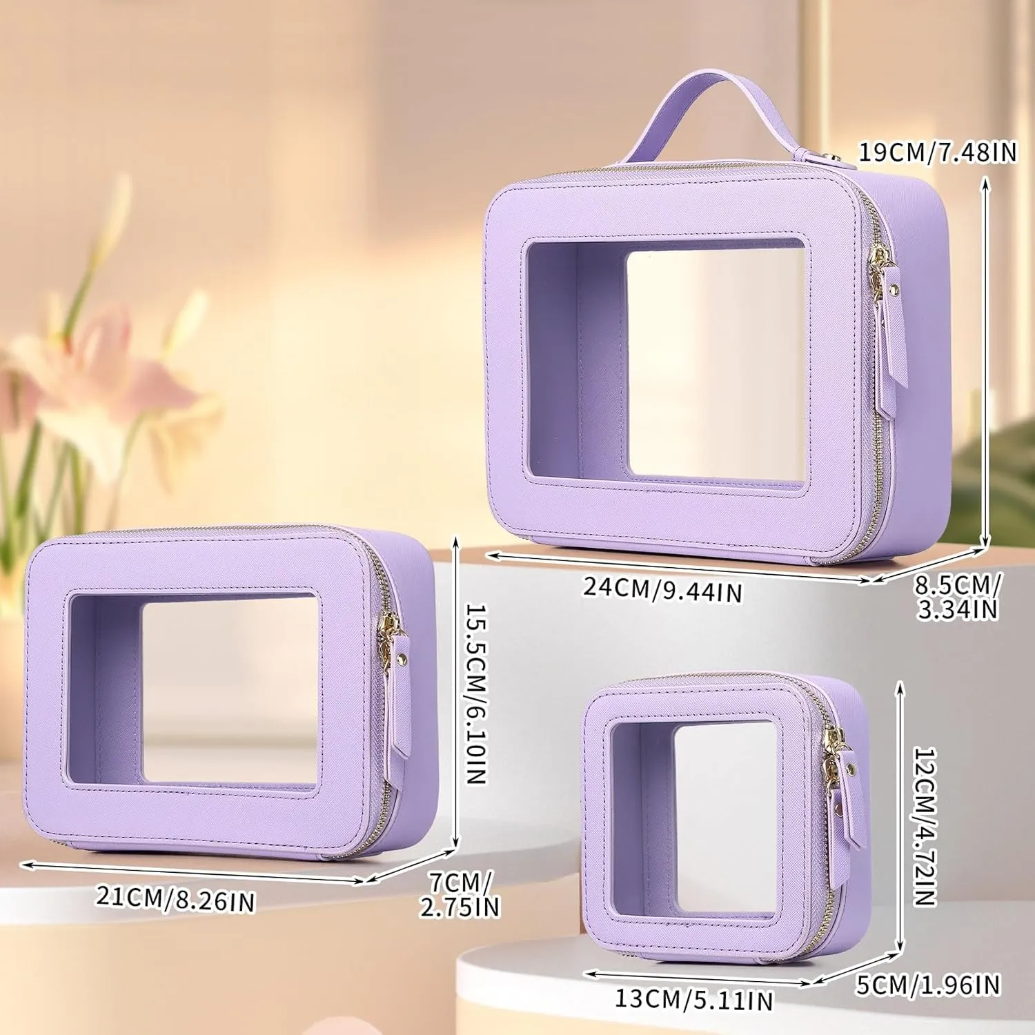 Clear Makeup Bag Waterproof Travel Case for Cosmetics and Toiletries Women's Purse Organizer and Clear Car Bag with Zipper (X/Purple, L M MINI)