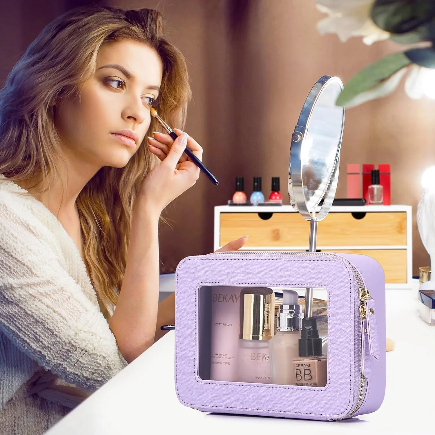 Clear Makeup Bag Waterproof Travel Case for Cosmetics and Toiletries Women's Purse Organizer and Clear Car Bag with Zipper (X/Purple, L M MINI)