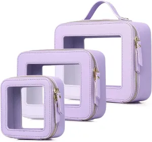 Clear Makeup Bag Waterproof Travel Case for Cosmetics and Toiletries Women's Purse Organizer and Clear Car Bag with Zipper (X/Purple, L M MINI)