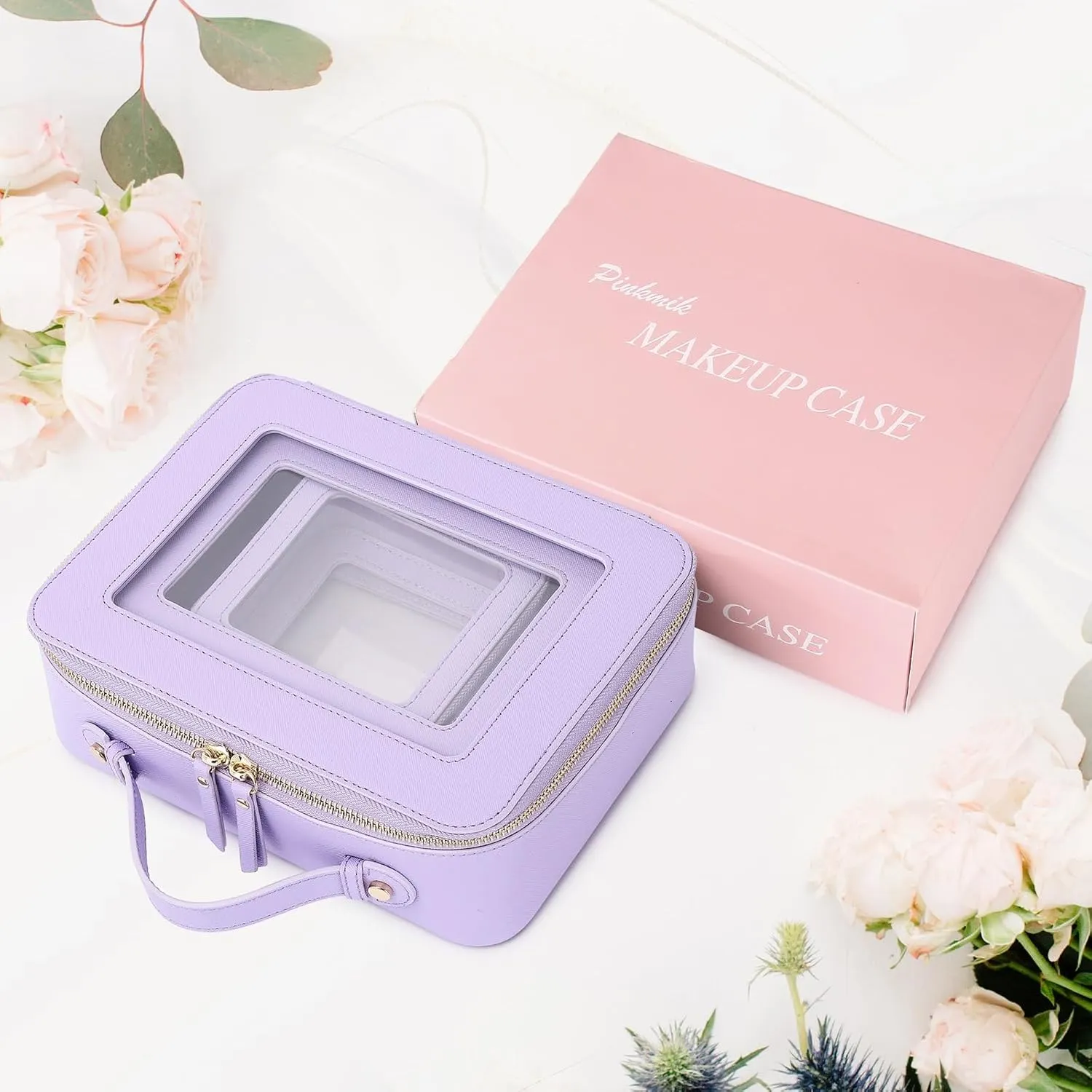 Clear Makeup Bag Waterproof Travel Case for Cosmetics and Toiletries Women's Purse Organizer and Clear Car Bag with Zipper (X/Purple, L M MINI)