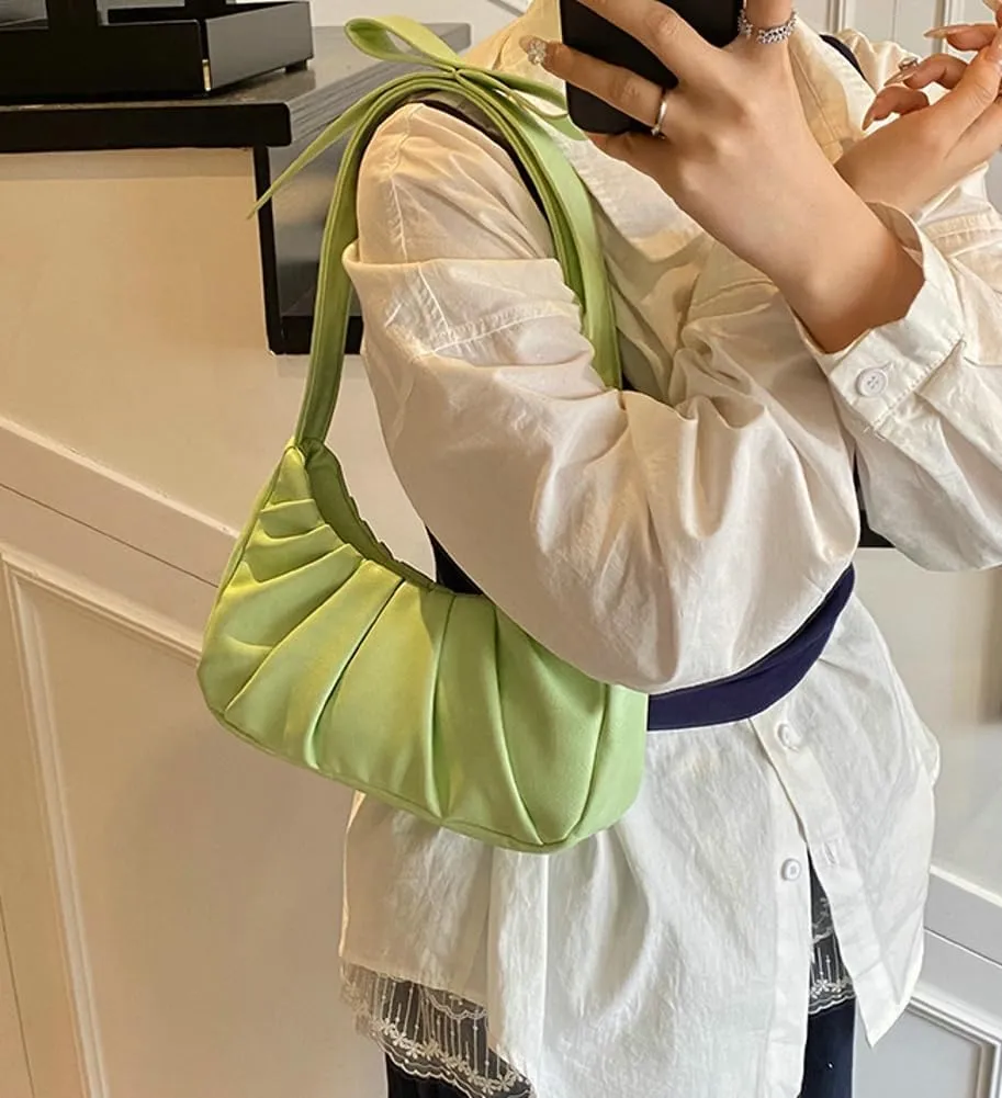 Cloud Shoulder Bag for Women Small Hobo Bags Cute Crescent Ruched Tote Handbag Bow Y2K Underarm Crossbody Clutch Purse