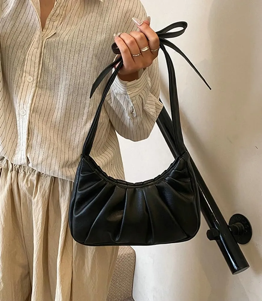 Cloud Shoulder Bag for Women Small Hobo Bags Cute Crescent Ruched Tote Handbag Bow Y2K Underarm Crossbody Clutch Purse