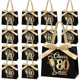 Clysee 25 Pcs 80th Birthday Gift Bags with Handles Black and Gold Party Favor Bags Bulk for Birthday Wedding Anniversary Supplies Decorations Cheers to 80 Years, 5.51 x 2.36 x 4.72 Inches