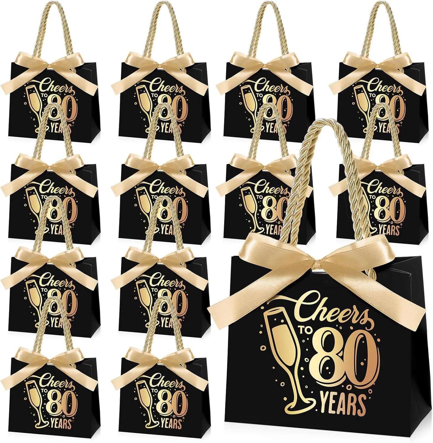 Clysee 25 Pcs 80th Birthday Gift Bags with Handles Black and Gold Party Favor Bags Bulk for Birthday Wedding Anniversary Supplies Decorations Cheers to 80 Years, 5.51 x 2.36 x 4.72 Inches