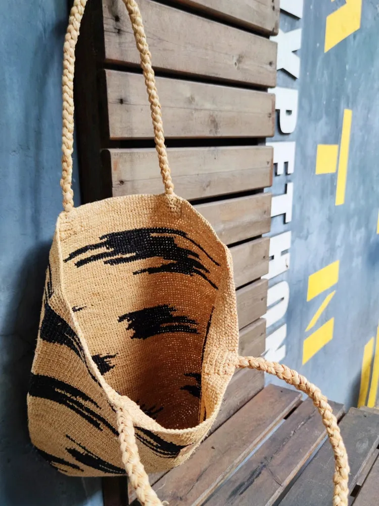 Coastal Raffia Hand Crochet Tote in Beige / Black
